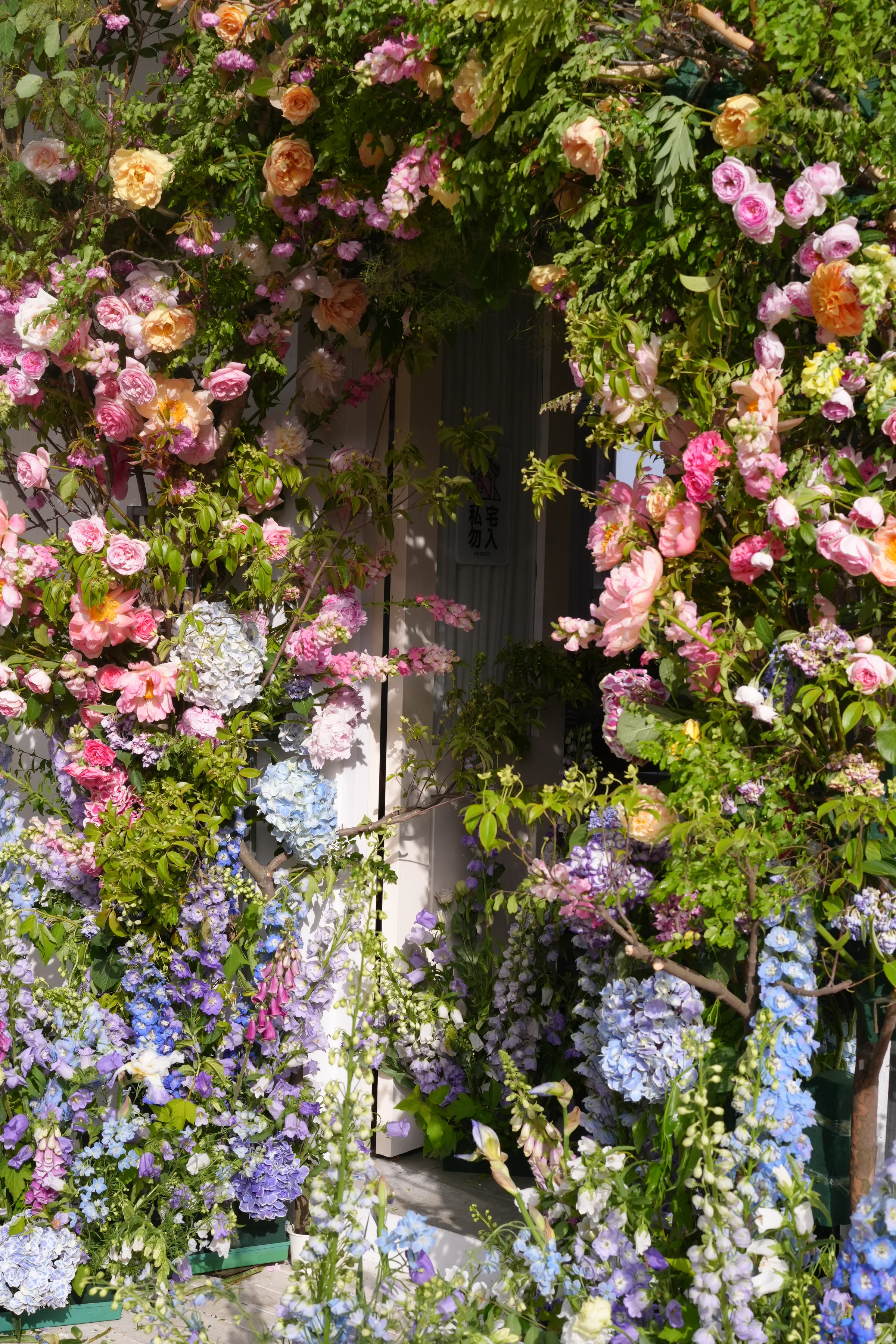 Lush floral installation of roses, hydrangeas, and delphiniums in pink, peach, and blue framing a doorway