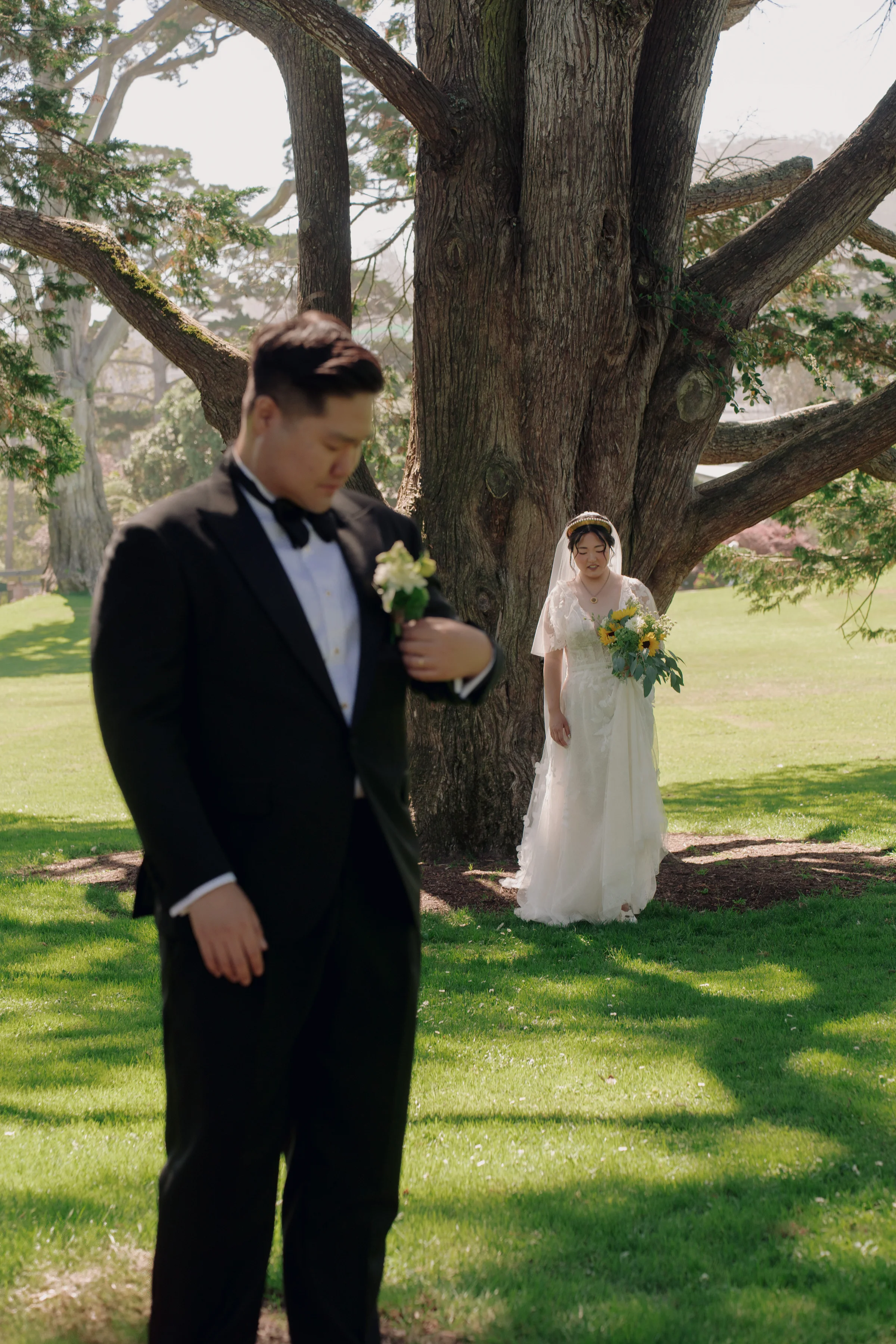 Bride holding a sunflower bouquet approaches the groom beneath a large garden tree.