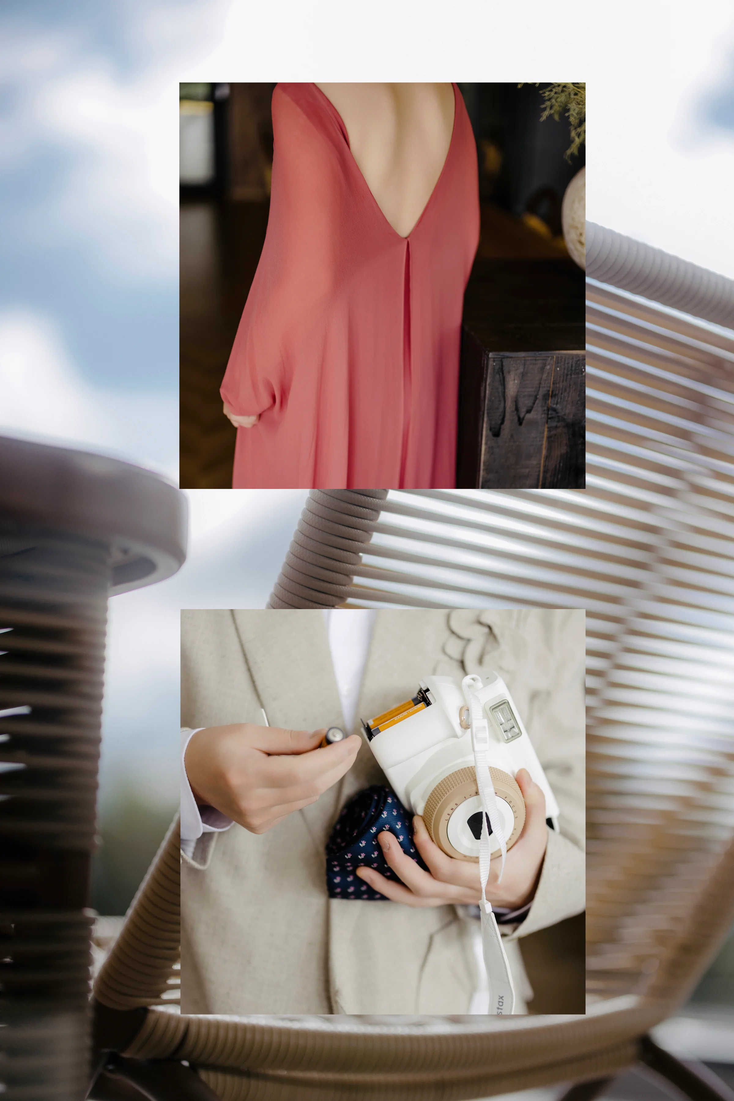 Coral silk dress on a hanger beside a champagne bottle and getting-ready details