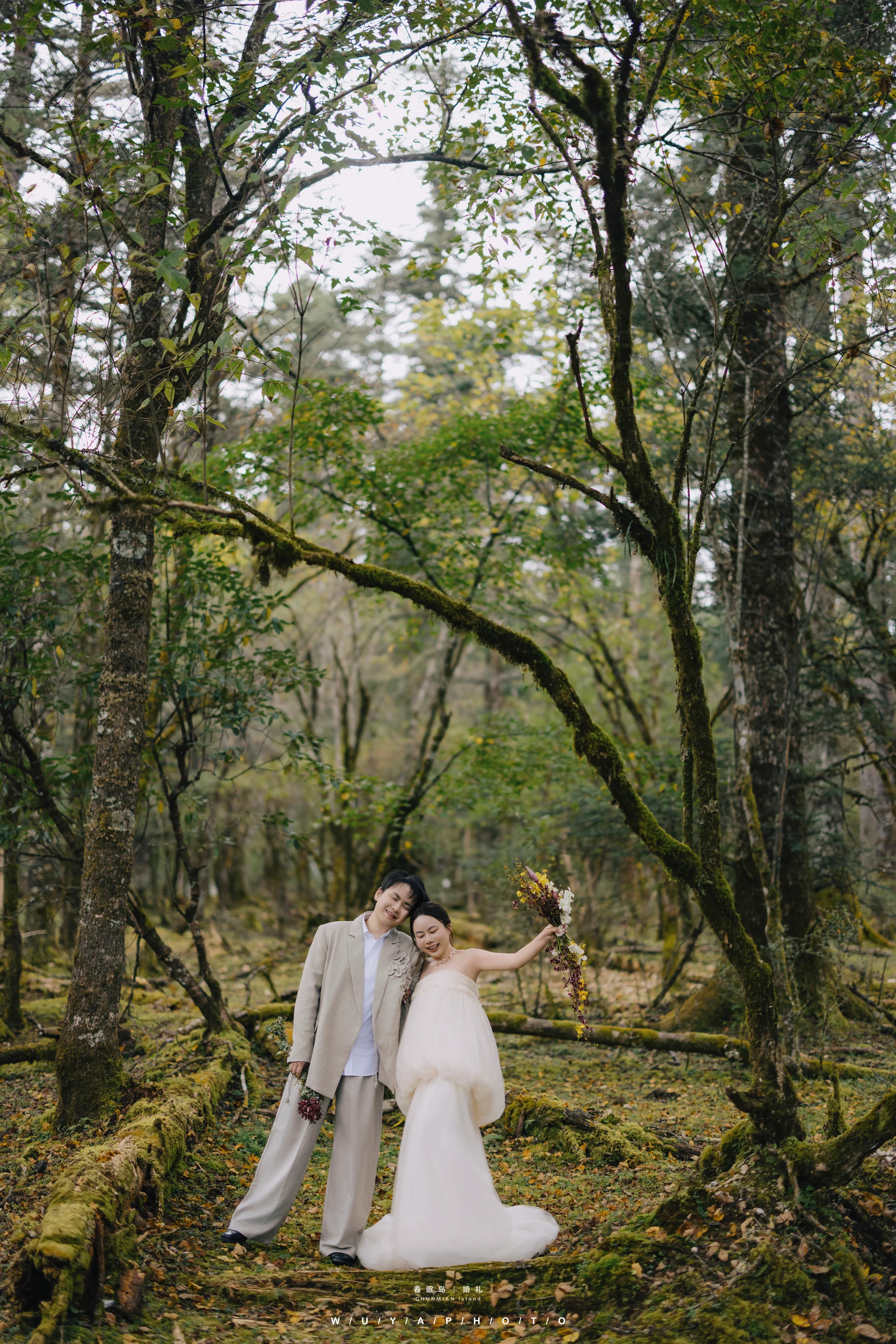 Couple among towering trees in a green mountain forest