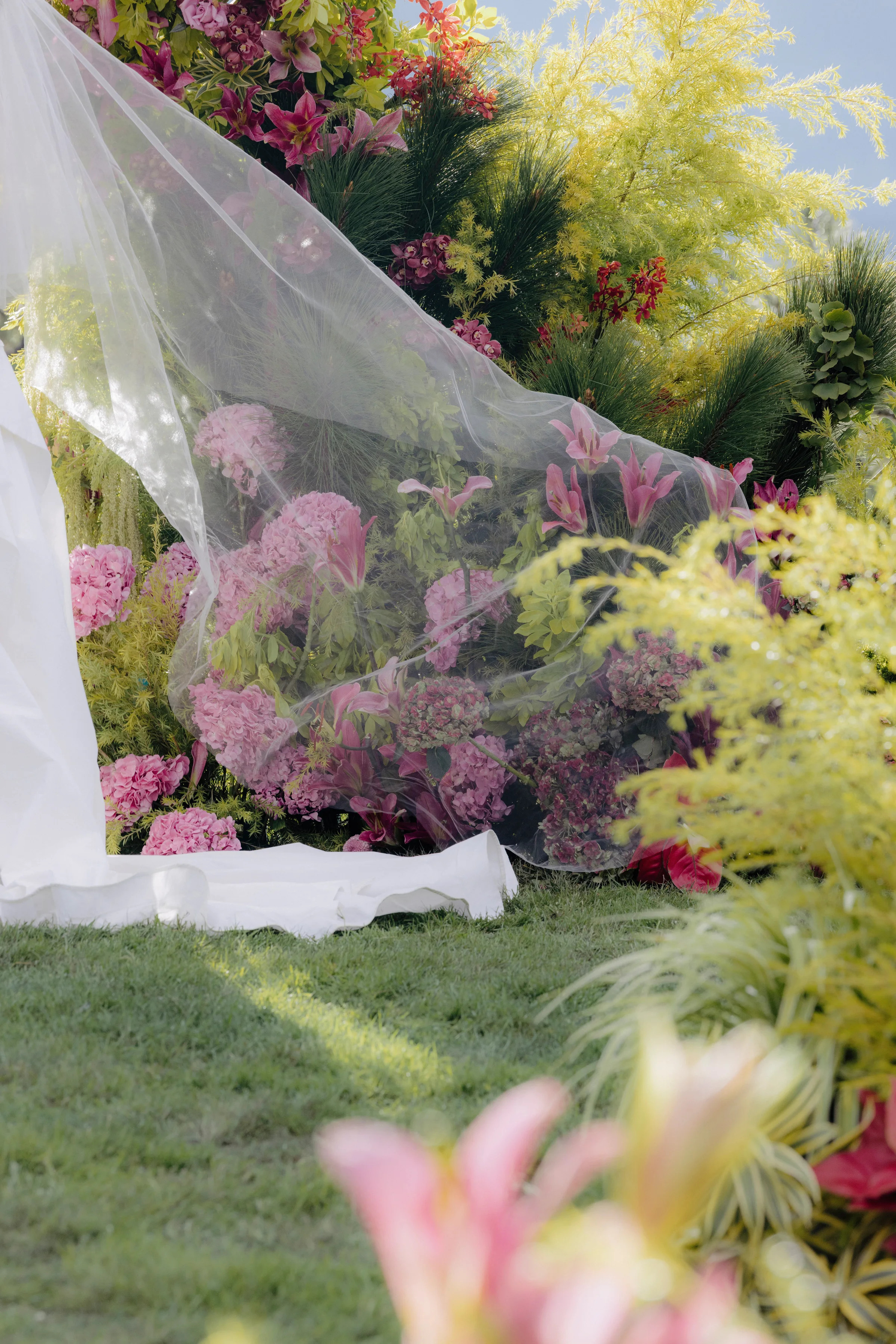 Bridal veil draped beside pink ceremony flowers