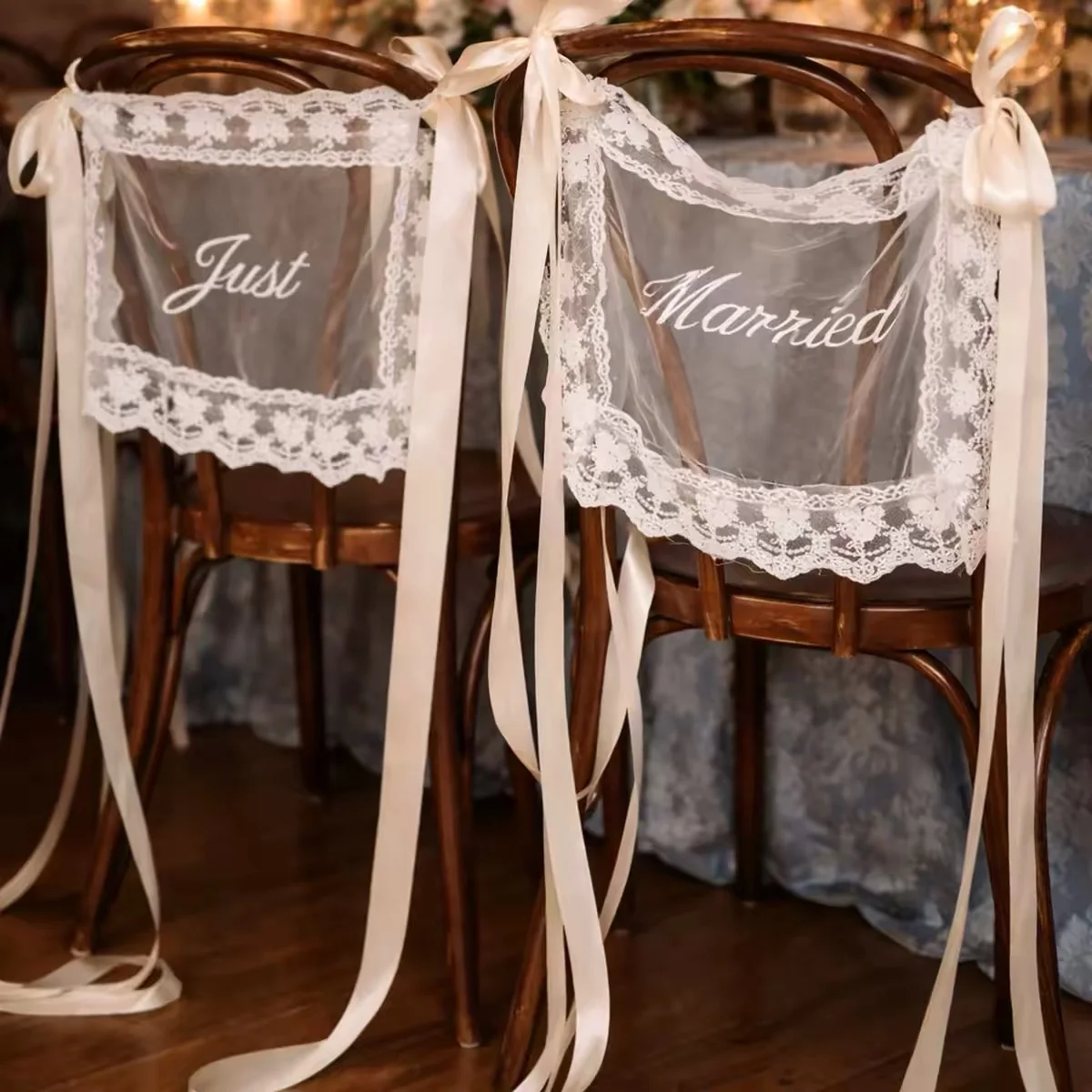 Sheer Lace Wedding Chair Sign Set